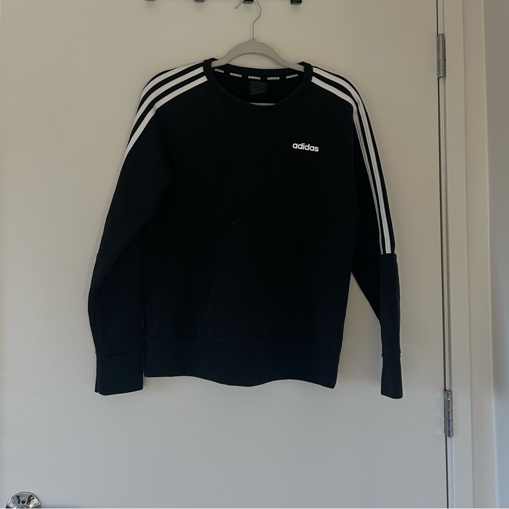 Adidas Black Crewneck Sweater with Iconic White Stripes
